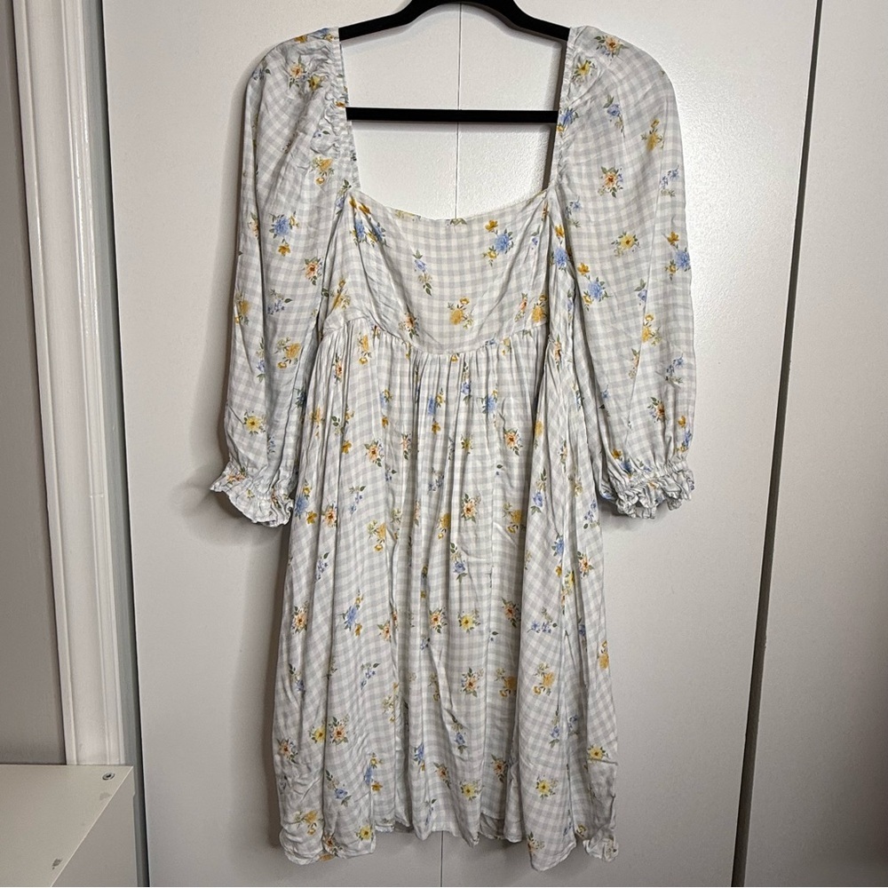 Sweet En Forme Multi Color Flowers Blue Gingham Babydoll Mini Dress Size medium - Picture 2 of 10